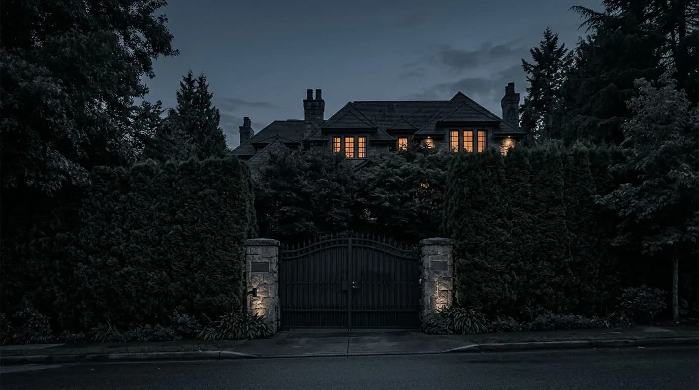 Secluded luxury estate hidden behind tall privacy hedges and a closed security gate at dusk