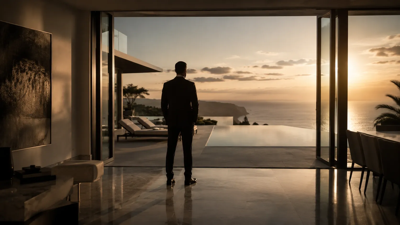 Silhouetted luxury real estate agent standing in the doorway of a modern mansion at golden hour