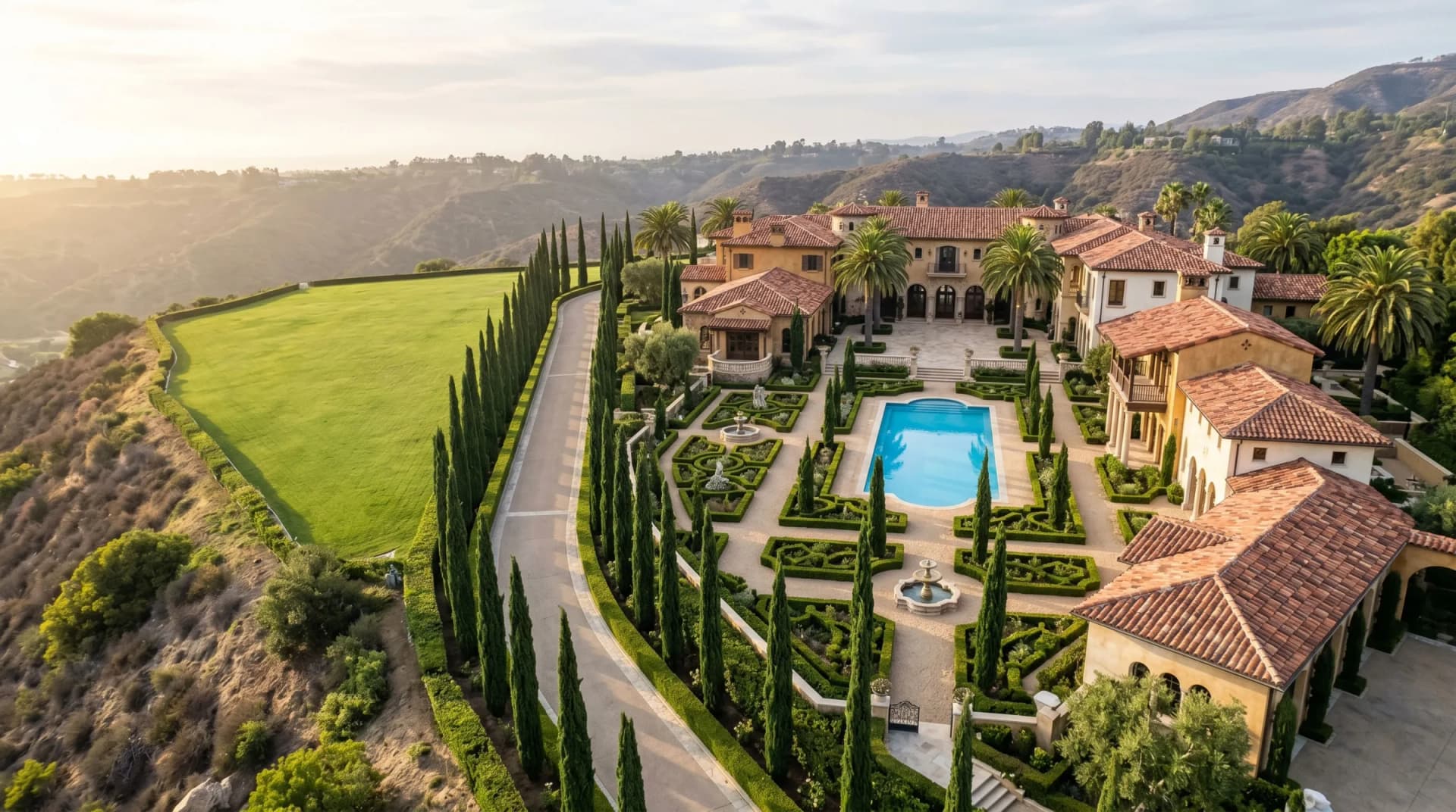 Mediterranean-style luxury estate with terracotta roof, formal gardens, and a long cypress-lined driveway