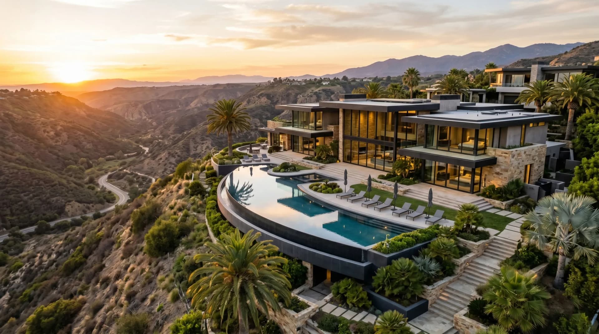 Modern hillside luxury mansion with wraparound infinity pool overlooking a canyon at golden hour