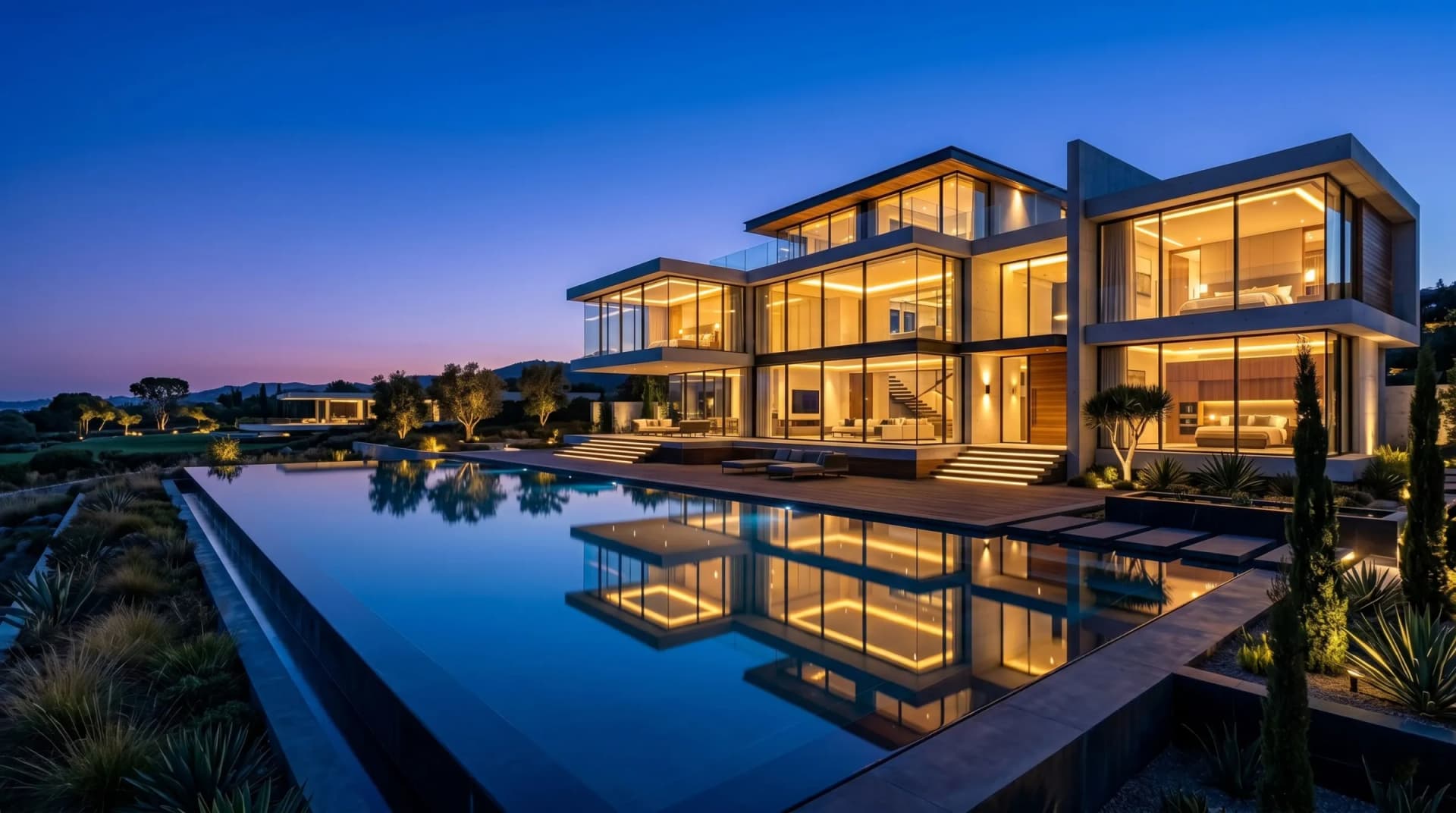 Modern luxury mansion at dusk with glowing interior lights and a reflecting pool in front