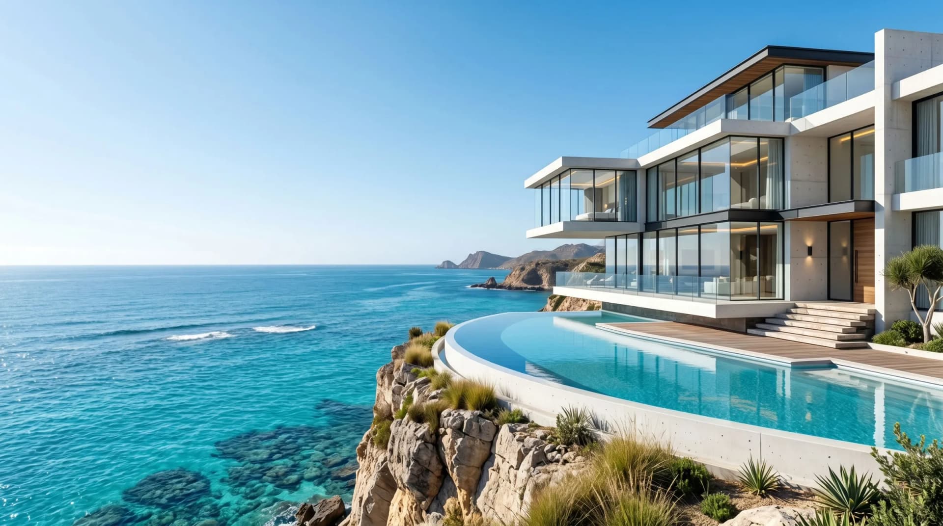 Contemporary oceanfront luxury home cantilevered over a cliff with an infinity pool above the sea