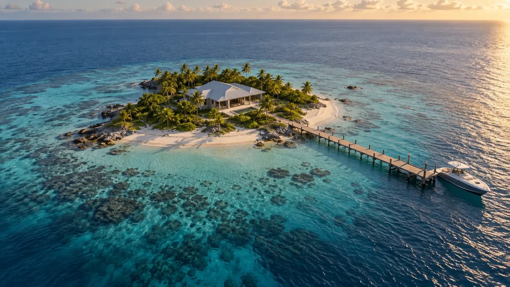 Aerial view of a small private island with a single house and dock surrounded by turquoise water and open ocean.