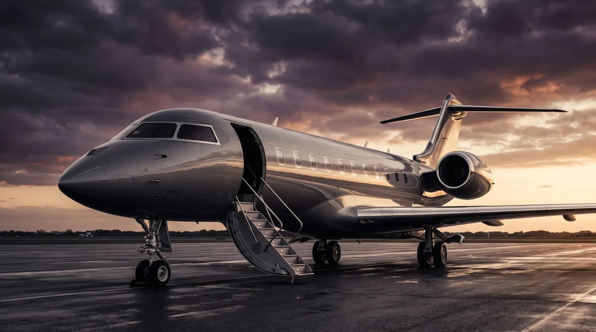 Sleek private jet parked on the tarmac at golden hour with airstairs down